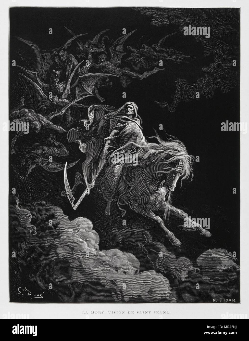 Death on horseback, (vision of John the Baptist), Illustration from the Dore Bible 1866. In 1866, the French artist and illustrator Gustave Doré (1832–1883), published a series of 241 wood engravings for a new deluxe edition of the 1843 French translation of the Vulgate Bible, popularly known as the Bible de Tours. This new edition was known as La Grande Bible de Tours and its illustrations were immensely successful. Stock Photo