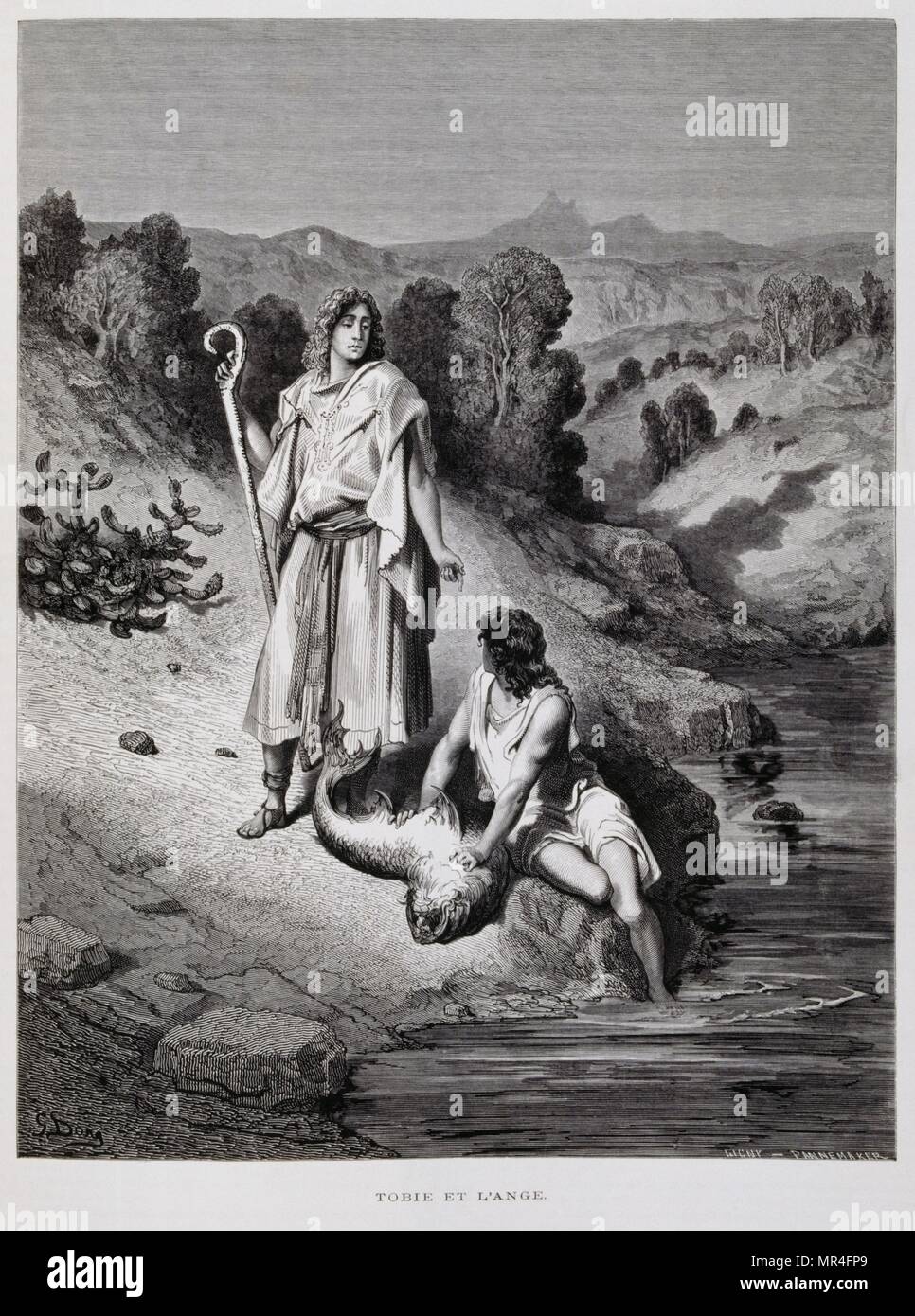 Tobias and the Angel, Illustration from the Dore Bible 1866. In 1866, the French artist and illustrator Gustave Doré (1832–1883), published a series of 241 wood engravings for a new deluxe edition of the 1843 French translation of the Vulgate Bible, popularly known as the Bible de Tours. This new edition was known as La Grande Bible de Tours and its illustrations were immensely successful. Tobias, son of Tobit, meets an angel without realising he is an angel (Book of Tobit, 5.5-6) and is then instructed by the angel what to do with a giant fish he catches Stock Photo