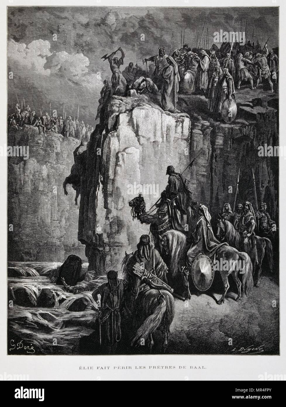 Elie smashes the idols of Baal, Illustration from the Dore Bible 1866. In 1866, the French artist and illustrator Gustave Doré (1832–1883), published a series of 241 wood engravings for a new deluxe edition of the 1843 French translation of the Vulgate Bible, popularly known as the Bible de Tours. This new edition was known as La Grande Bible de Tours and its illustrations were immensely successful. Stock Photo