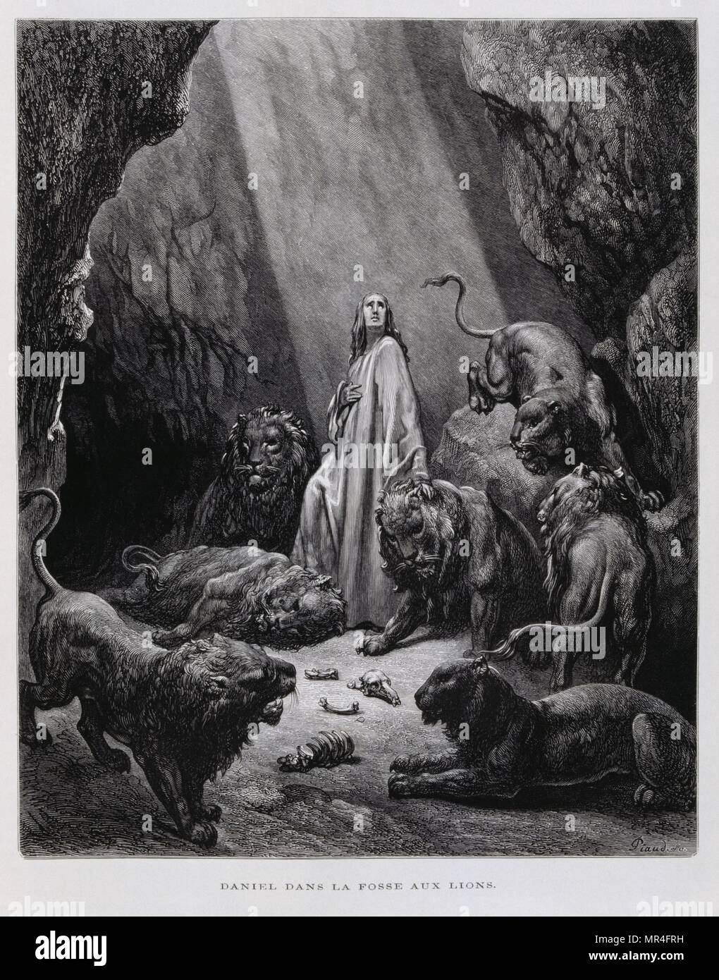 Daniel in the Lion's den, Illustration from the Dore Bible 1866. In 1866, the French artist and illustrator Gustave Doré (1832–1883), published a series of 241 wood engravings for a new deluxe edition of the 1843 French translation of the Vulgate Bible, popularly known as the Bible de Tours. This new edition was known as La Grande Bible de Tours and its illustrations were immensely successful. Stock Photo