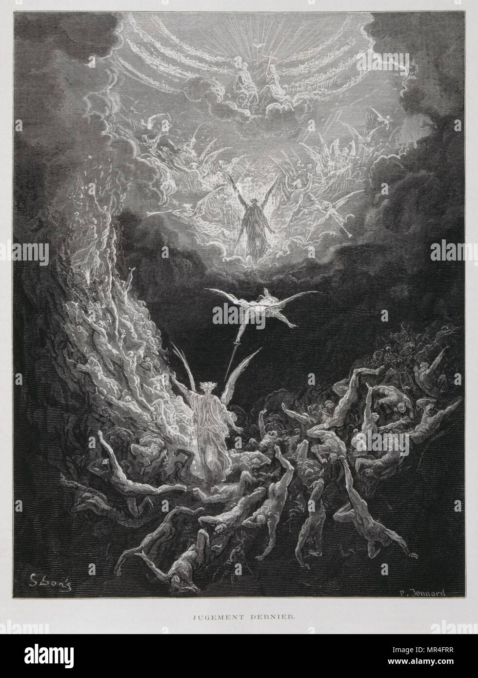 The last Judgement, Illustration from the Dore Bible 1866. In 1866, the French artist and illustrator Gustave Doré (1832–1883), published a series of 241 wood engravings for a new deluxe edition of the 1843 French translation of the Vulgate Bible, popularly known as the Bible de Tours. This new edition was known as La Grande Bible de Tours and its illustrations were immensely successful. Stock Photo