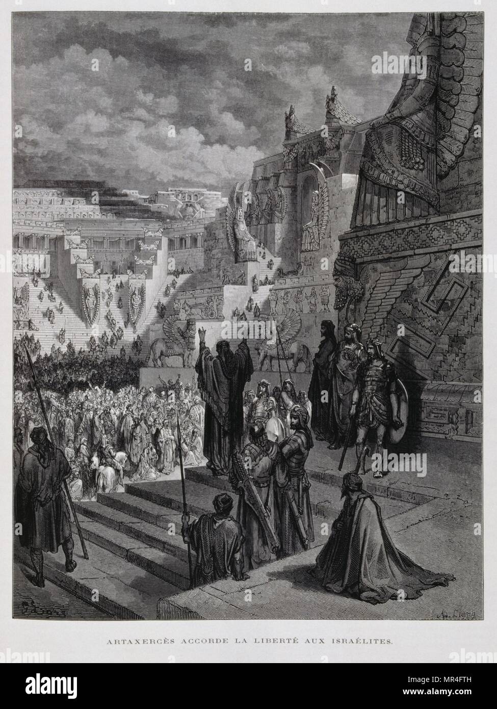 Artaxerxes grants freedom to the Jews in Persia, Illustration from the Dore Bible 1866. In 1866, the French artist and illustrator Gustave Doré (1832–1883), published a series of 241 wood engravings for a new deluxe edition of the 1843 French translation of the Vulgate Bible, popularly known as the Bible de Tours. This new edition was known as La Grande Bible de Tours and its illustrations were immensely successful. Artaxerxes II was king of Persia from 404 B.C. until his death in 358 B.C. Stock Photo