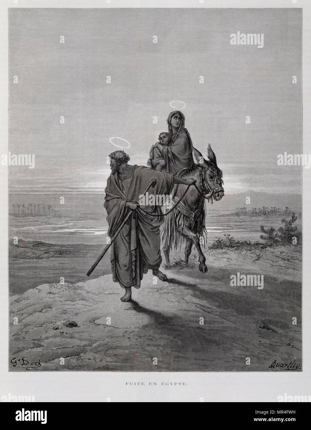 Joseph Mary and Jesus on the flight to Egypt, Illustration from the Dore Bible 1866. In 1866, the French artist and illustrator Gustave Doré (1832–1883), published a series of 241 wood engravings for a new deluxe edition of the 1843 French translation of the Vulgate Bible, popularly known as the Bible de Tours. This new edition was known as La Grande Bible de Tours and its illustrations were immensely successful. Stock Photo