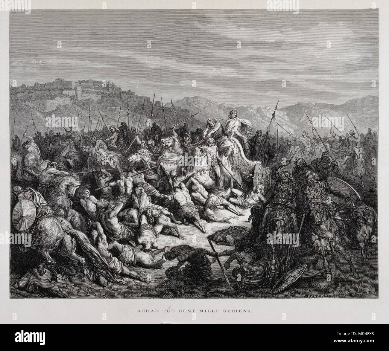Ahab fights the Assyrians at the Battle of Qarqar , Illustration from the Dore Bible 1866. In 1866, the French artist and illustrator Gustave Doré (1832–1883), published a series of 241 wood engravings for a new deluxe edition of the 1843 French translation of the Vulgate Bible, popularly known as the Bible de Tours. This new edition was known as La Grande Bible de Tours and its illustrations were immensely successful. Ahab became king of Israel in the thirty-eighth year of Asa, king of Judah, and reigned for twenty-two years, Stock Photo