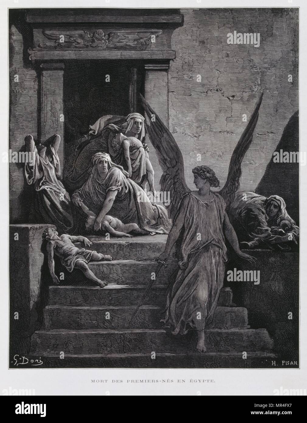 The Angel of death heralds the death of the First born children in Egypt, one of the plagues visited upon Egypt for refusing to free the Jewish people, Illustration from the Dore Bible 1866. In 1866, the French artist and illustrator Gustave Doré (1832–1883), published a series of 241 wood engravings for a new deluxe edition of the 1843 French translation of the Vulgate Bible, popularly known as the Bible de Tours. This new edition was known as La Grande Bible de Tours and its illustrations were immensely successful. Stock Photo