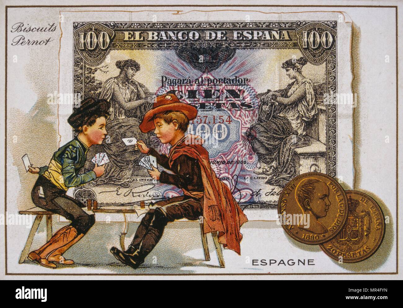 French postcard of 1900 depicting two medieval card players against a 100 Pesetas banknote Stock Photo