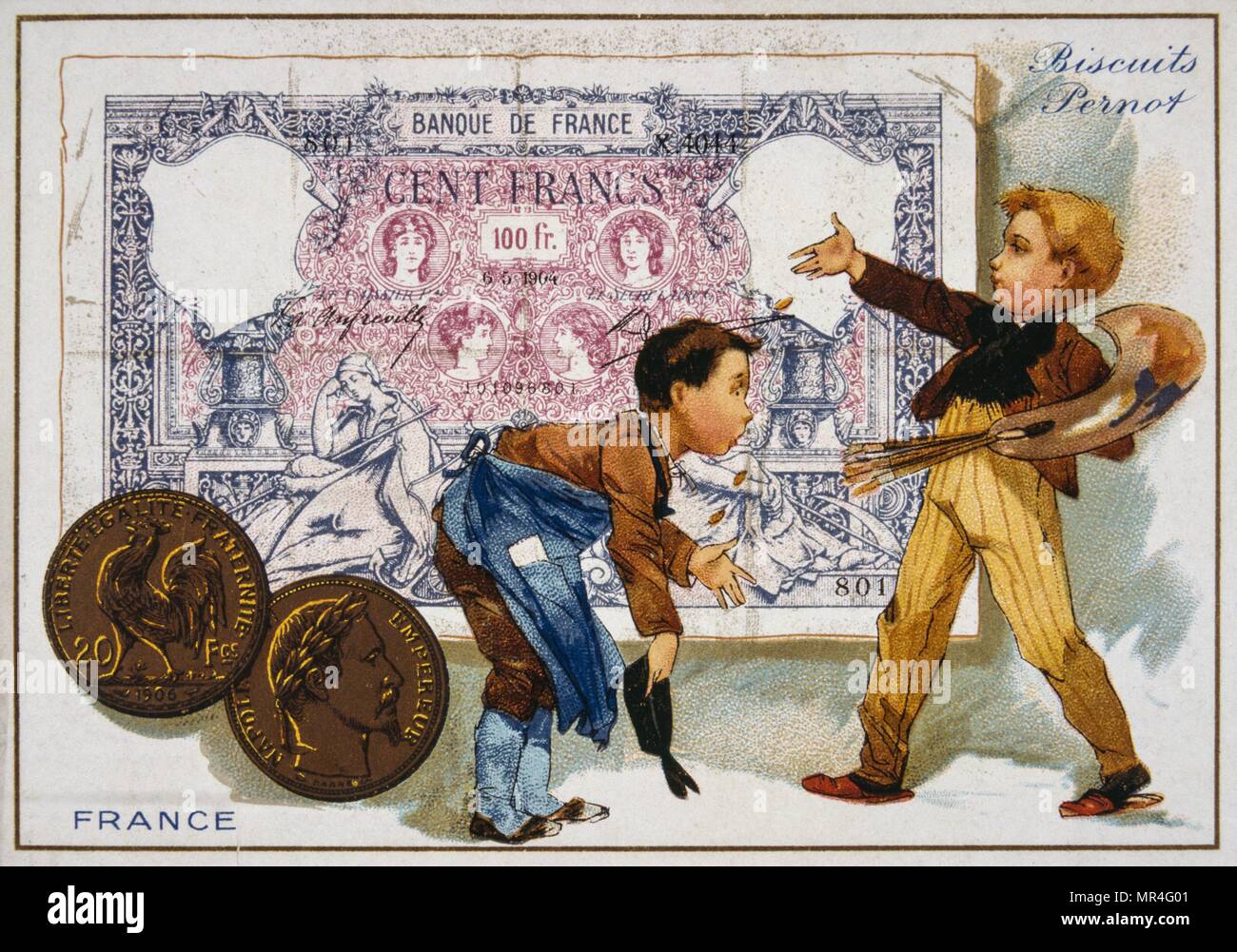 French postcard of 1900 depicting two traditionally dressed French boys against a 100 Cent banknote Stock Photo