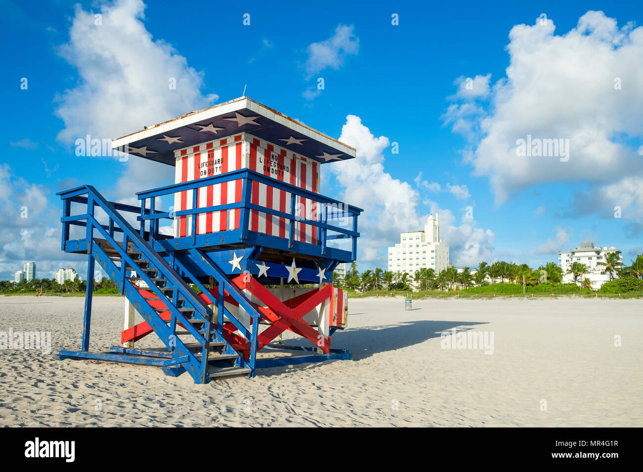 Colorful US flag stars and stripes lifeguard tower on Miami Beach