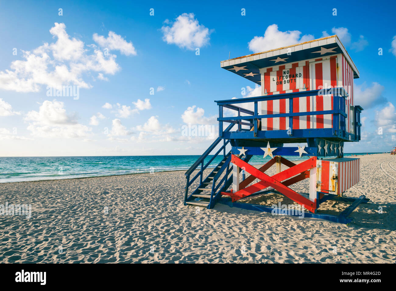 Colorful US flag stars and stripes lifeguard tower on Miami Beach