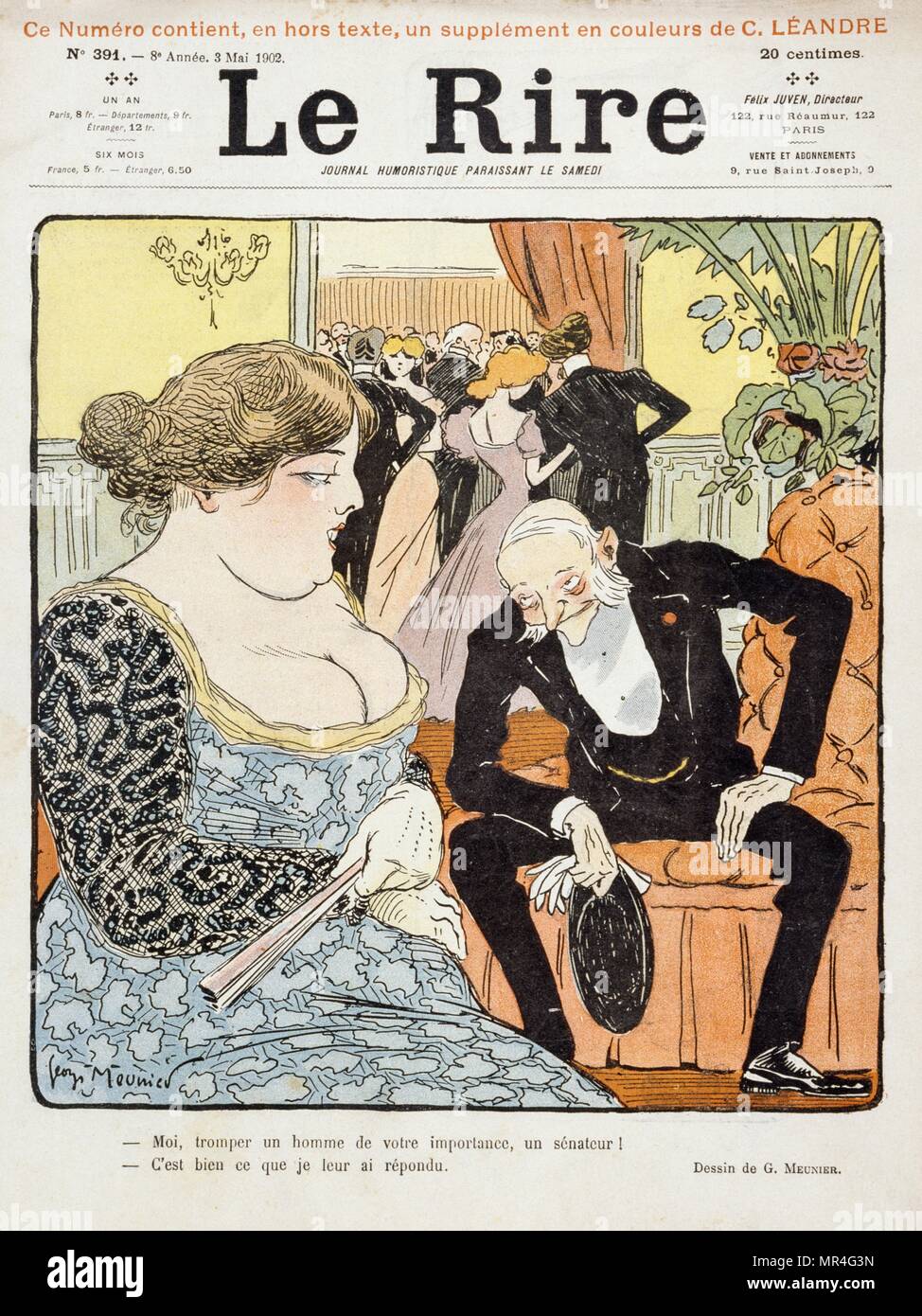An old man and a woman talk at a social gathering in Paris. French satirical magazine cartoon  in 'Le Rire' 1902 Stock Photo
