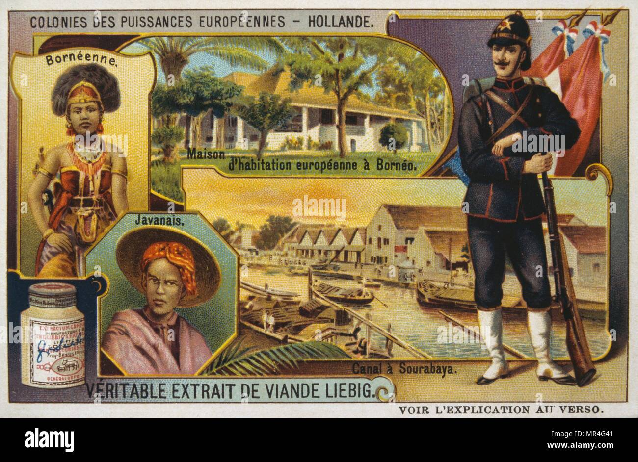 French Leibig card 1900, depicting the Dutch colonies of Borneo and Java (Dutch East Indies) Stock Photo