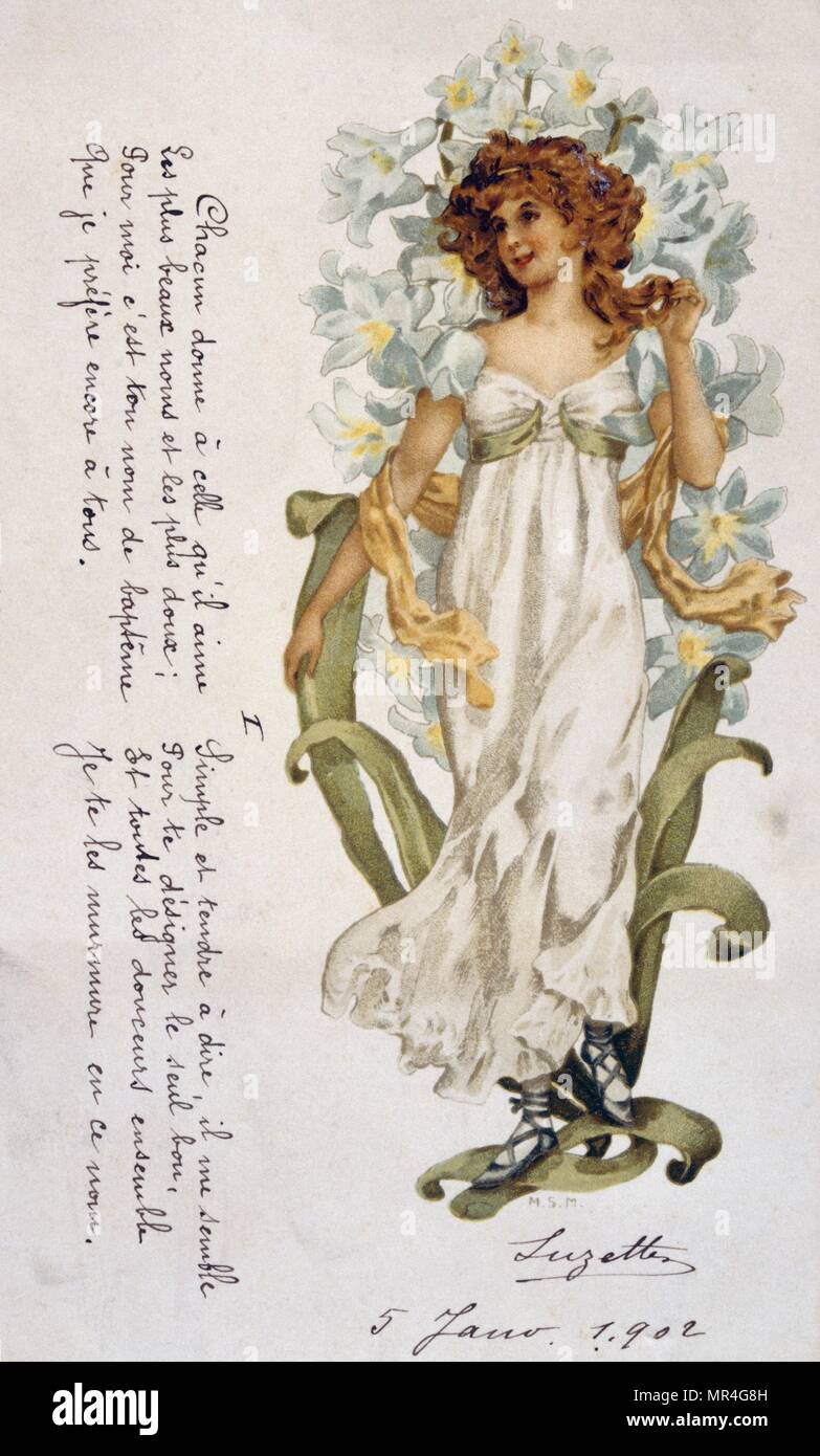 Vintage French Fairy Tale repro Postcard Art Nouveau Woman in garden w/ Dog 