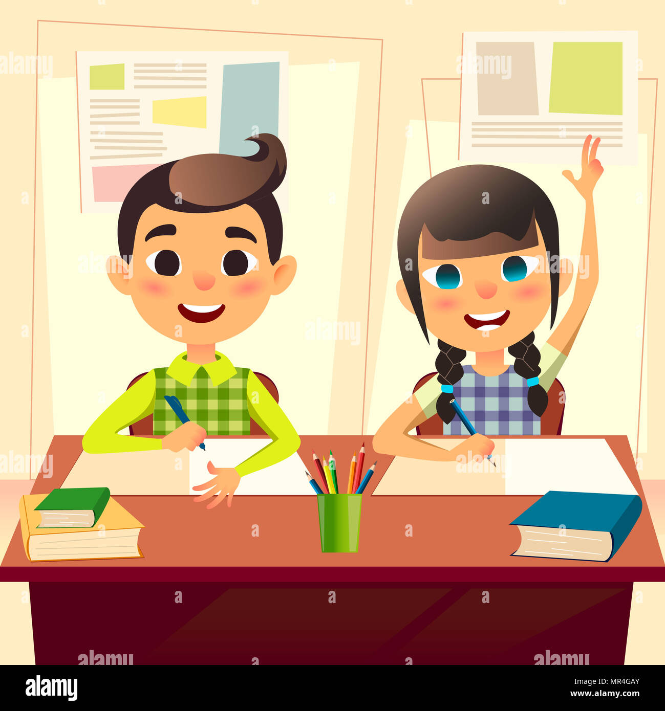 Happy children at school desk. Kids at school in class. The boy writes the assignment in the notebook. Girl two fingers up for answer. Cartoon flat students characters. Back to school concept Stock Photo