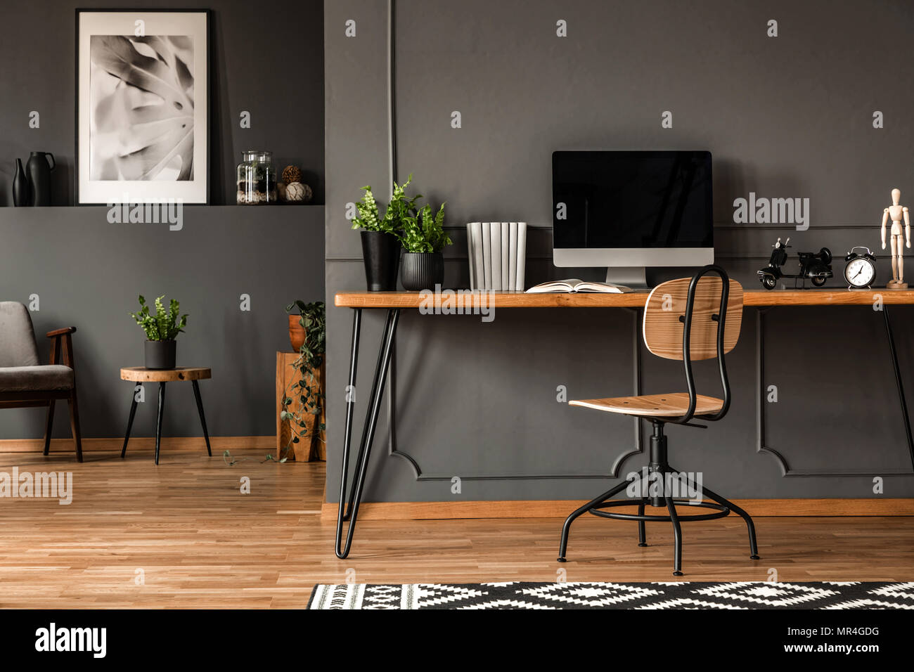 Real Photo Of An Open Space Interior With Black Walls And Molding