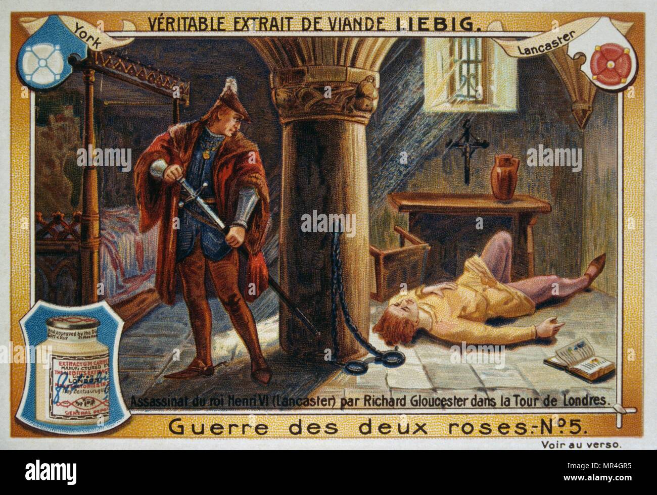 War of the Roses: Leibig card, 1900, depicting the murder in the Tower of London, of Henry VI (1471), King of England from 1422 to 1461 and again from 1470 to 1471, and disputed King of France from 1422 to 1453. Stock Photo
