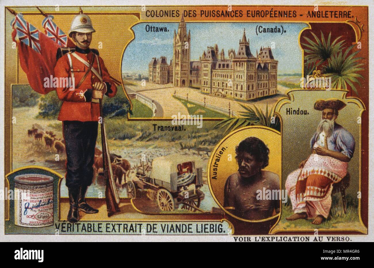 Leibig card, 1900, depicting the extent of the British Empire, with representations of Canada, South Africa, India and Australia Stock Photo