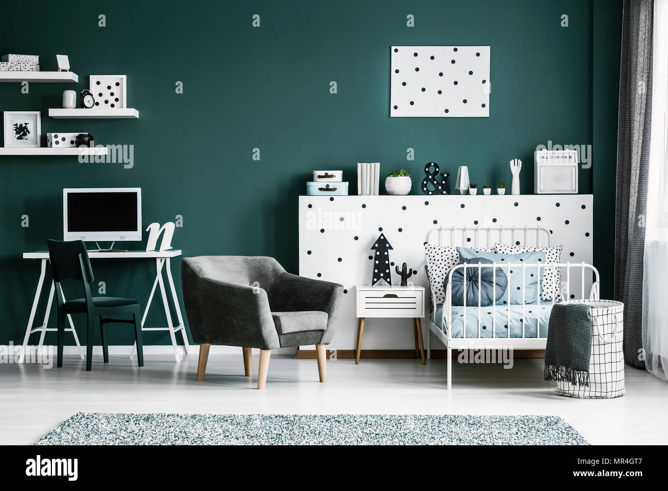 Workspace With A Computer In A Stylish Bedroom Interior For A Teenage Student With White Furniture And Dark Green Walls Stock Photo Alamy