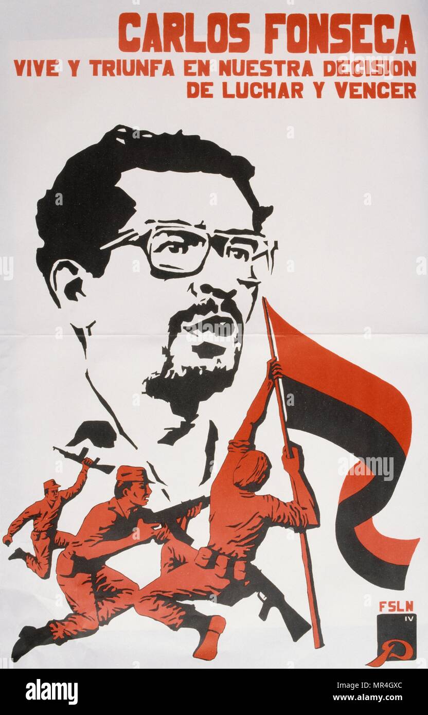Sandinista National Liberation Front (FSLN) propaganda poster in Nicaragua. Depicts, Carlos Fonseca Amador, Nicaraguan founder of the Sandinistas. The party was named after Augusto Caesar Sandino, who led the Nicaraguan resistance against the United States occupation of Nicaragua in the 1930s. The FSLN overthrew Anastasio Somoza in 1979, ending the Somoza dynasty, and established a revolutionary government in its place. Following their seizure of power, the Sandinistas ruled Nicaragua from 1979 to 1990, first as part of a Junta of National Reconstruction. Stock Photo