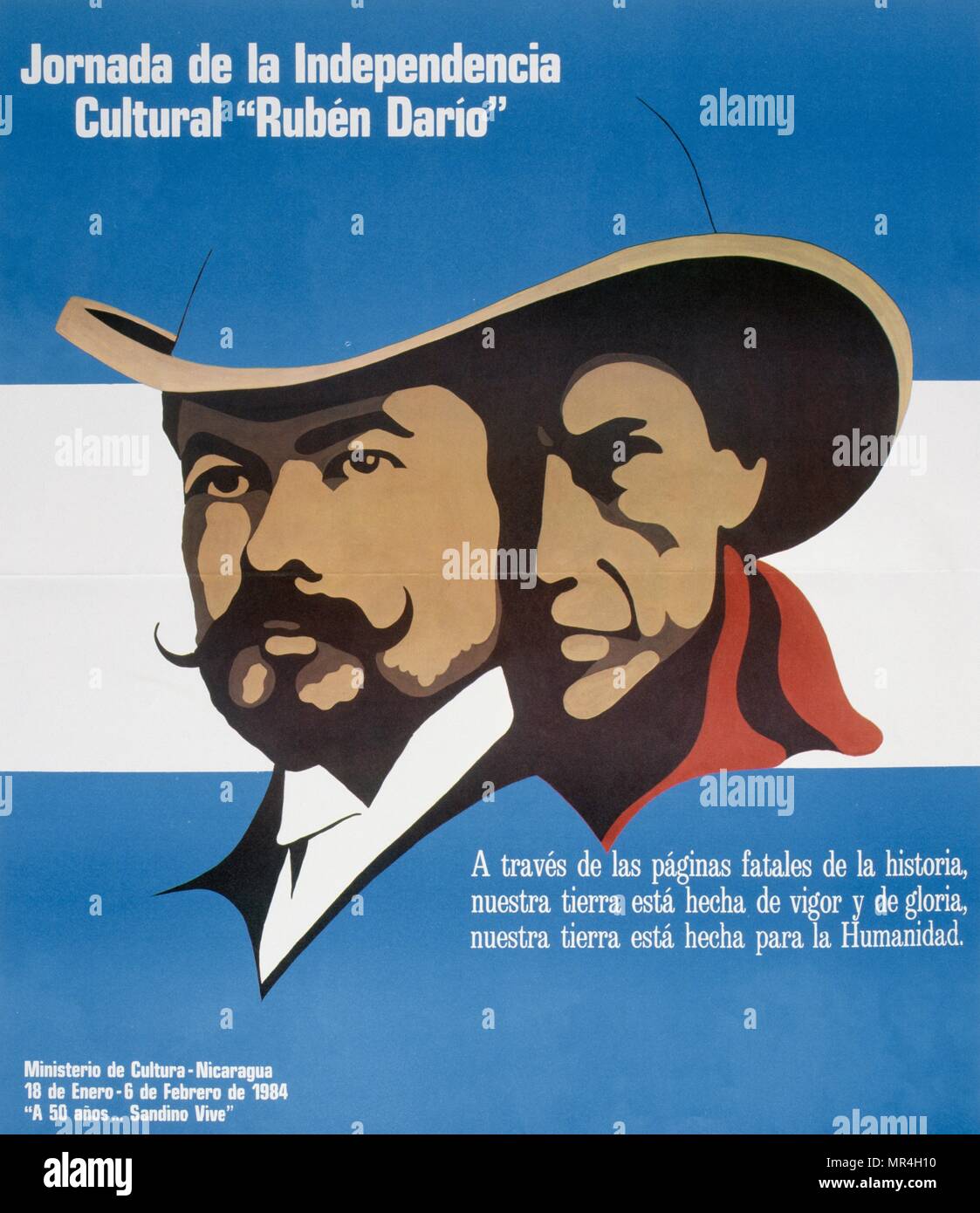 Sandinista National Liberation Front (FSLN) propaganda poster in Nicaragua. The party was named after Augusto Caesar Sandino, who led the Nicaraguan resistance against the United States occupation of Nicaragua in the 1930s. The FSLN overthrew Anastasio Somoza in 1979, ending the Somoza dynasty, and established a revolutionary government in its place. Following their seizure of power, the Sandinistas ruled Nicaragua from 1979 to 1990, first as part of a Junta of National Reconstruction. Stock Photo