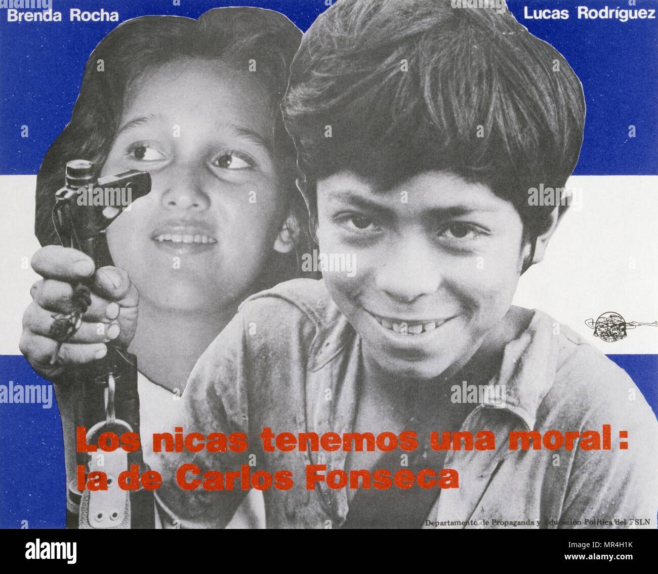 Sandinista National Liberation Front (FSLN) propaganda poster in Nicaragua. The party was named after Augusto Caesar Sandino, who led the Nicaraguan resistance against the United States occupation of Nicaragua in the 1930s. The FSLN overthrew Anastasio Somoza in 1979, ending the Somoza dynasty, and established a revolutionary government in its place. Following their seizure of power, the Sandinistas ruled Nicaragua from 1979 to 1990, first as part of a Junta of National Reconstruction. Stock Photo
