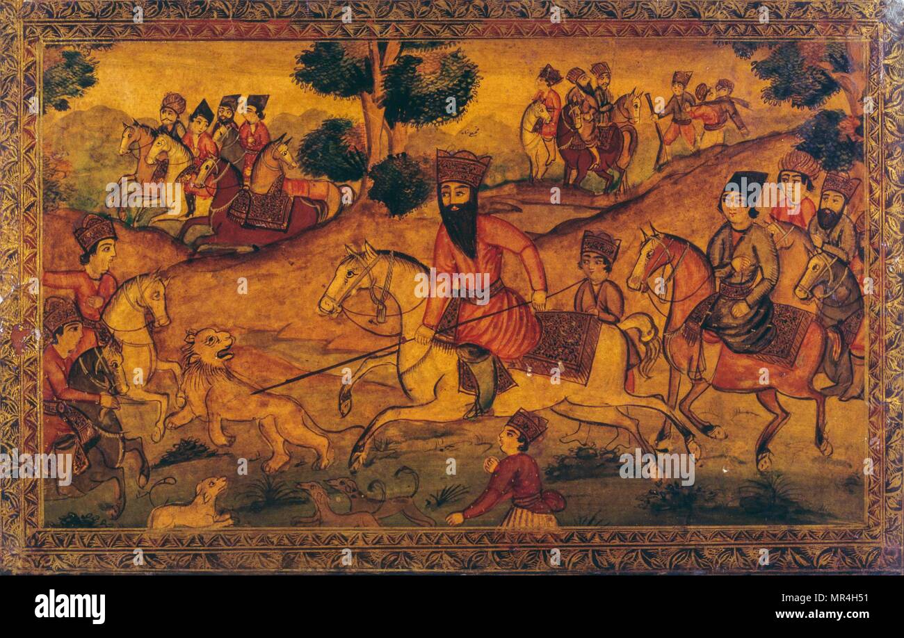 Persian 19th century, Ragamala Painting depicting a hunting scene with Fath-Ali Shah Qajar (1772 - 1834), the second Qajar emperor (shah) of Iran. He reigned from 17 June 1797 until his death Stock Photo