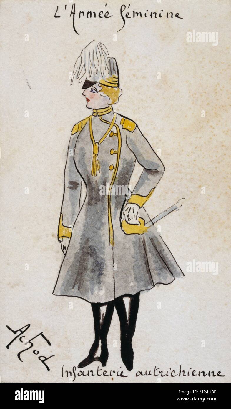 French art nouveau postcard satirising women in military uniform 1900: Austrian Infantry Stock Photo