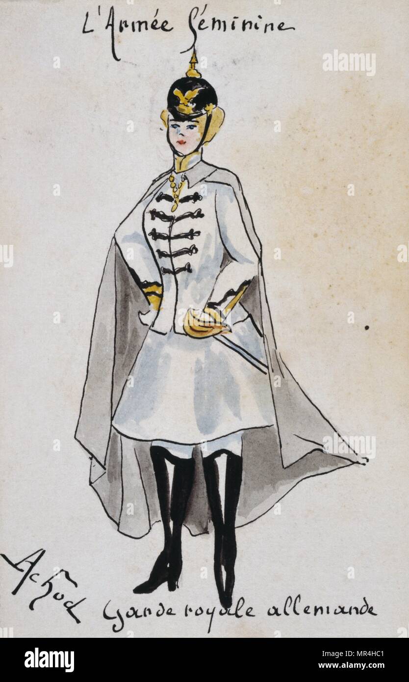 French art nouveau postcard satirising women in military uniform 1900:  German Imperial dragoon Stock Photo - Alamy