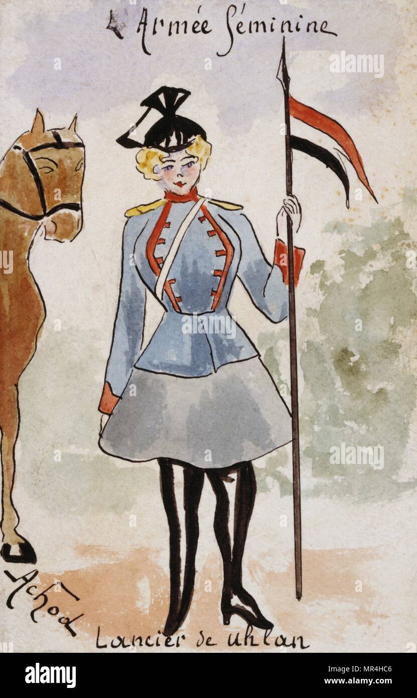 French art nouveau postcard satirising women in military uniform 1900: Belgian lancer Stock Photo