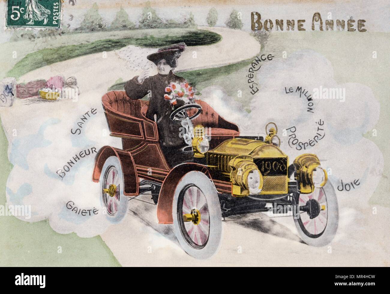 French new year postcard depicting a woman driving a vintage car 1908 Stock Photo