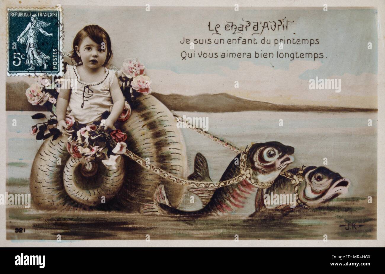 Vintage, French, postcard  depicting a small child carried on a shell pulled by fish, across water. 1900 Stock Photo