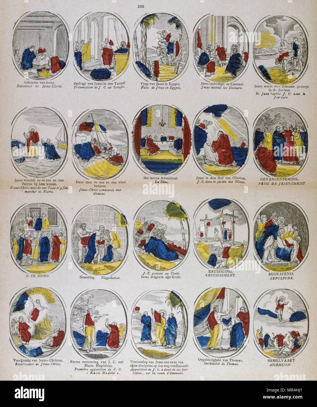 Dutch illustrated sequence on the life of Jesus Christ with French translations. 18th century Stock Photo