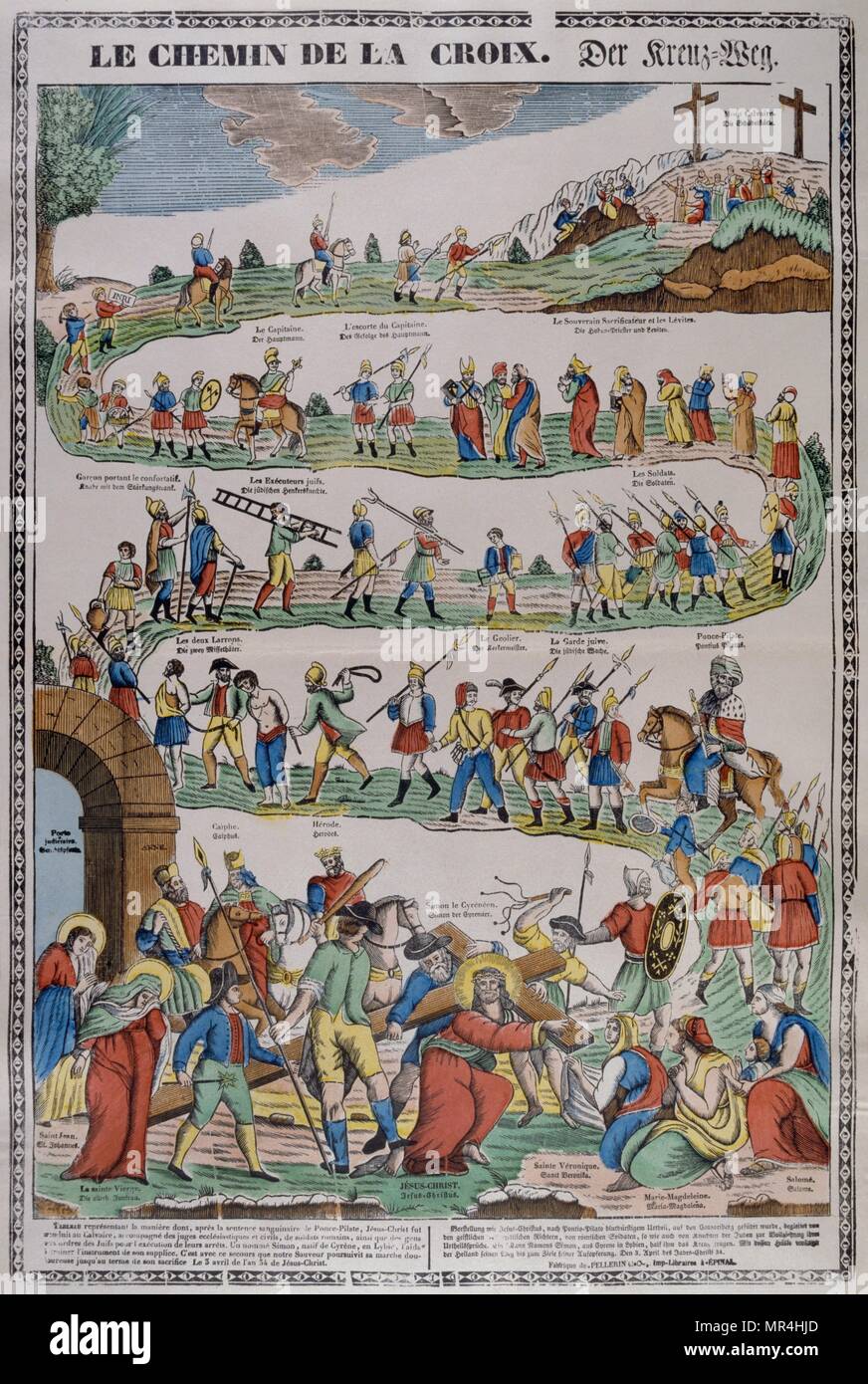 Coloured woodblock illustration showing the Stations of the Cross. The journey Christ took to his crucifixion. French circa 1850 Stock Photo