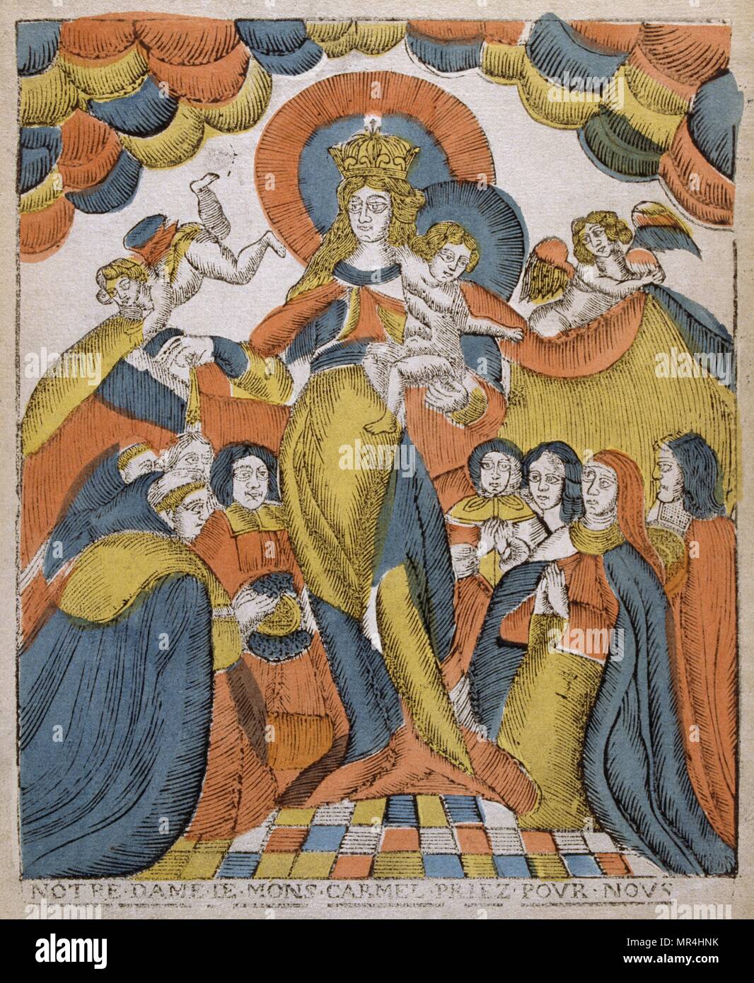 19th century woodcut illustration, showing the coronation of the Virgin Mary  with Jesus. Circa 1810 Stock Photo