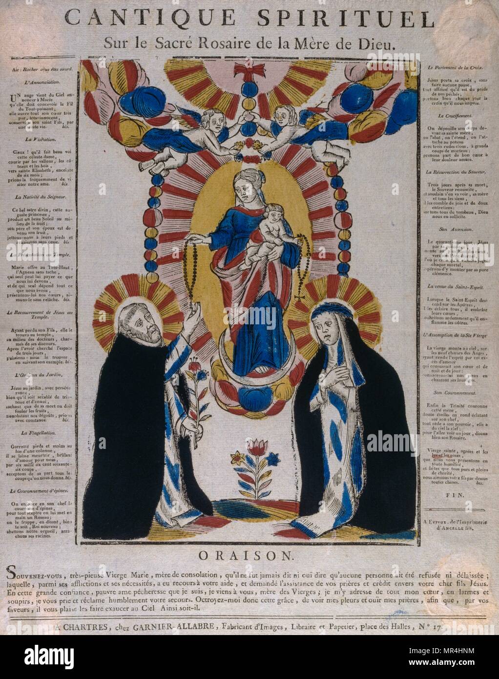 19th century woodcut illustration, showing the coronation of the Virgin Mary  with Jesus. Circa 1810 Stock Photo