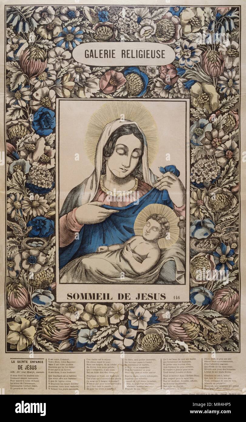 19th century French illustration showing the Virgin Mary holding a sleeping baby Jesus