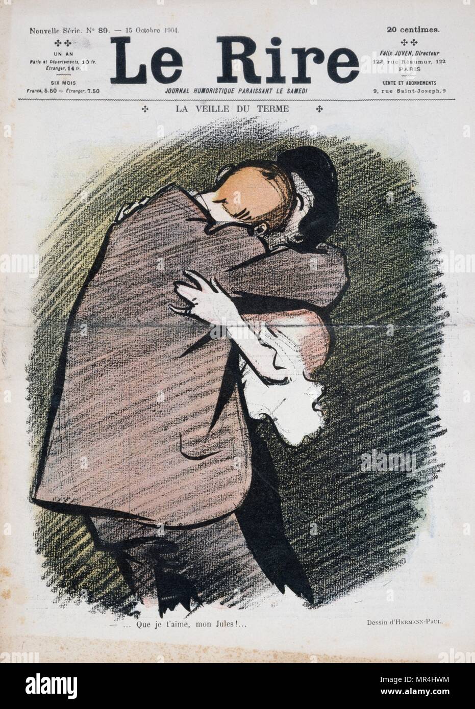 French satirical illustration from 'Le Rire' 1919 depicting a couple embracing Stock Photo