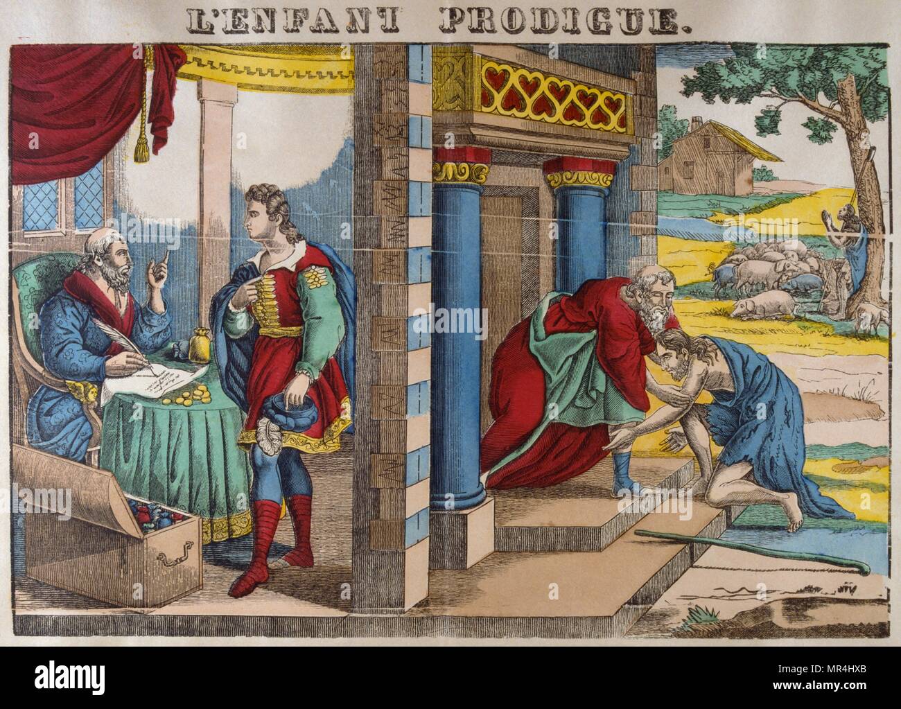 The Prodigal Son returns. 19th Century, colour illustration, of the Biblical, New Testament Story. 1810-1825. In the story, a father has two sons. The younger son asks for his inheritance and after wasting his fortune (the word 'prodigal' means 'wastefully extravagant'), becomes destitute. He returns home with the intention of begging his father to be made one of his hired servants, expecting his relationship with his father is likely severed. The father welcomes him back and celebrates his return. Stock Photo