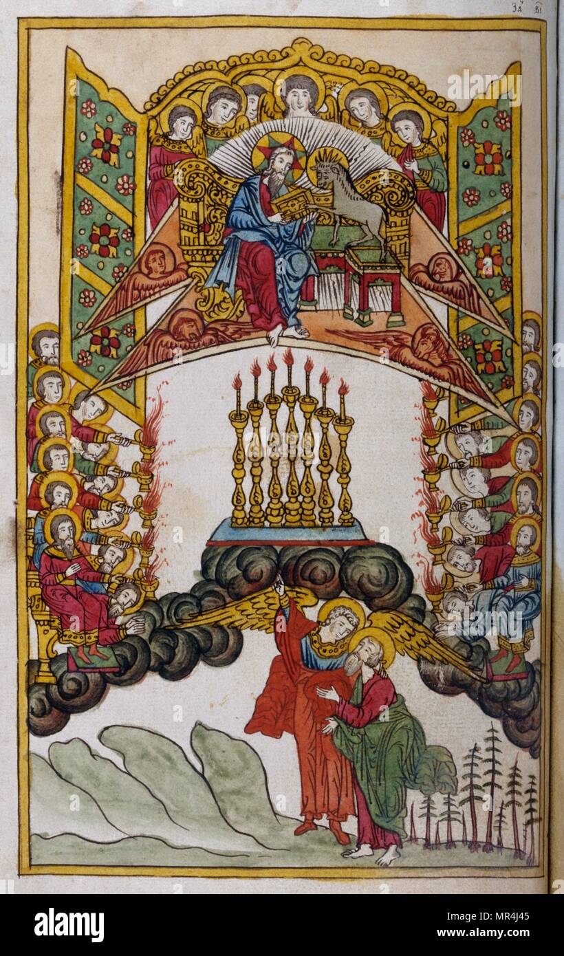 Russian, Slavonic, Orthodox miniature, depicting the seven candles of Apocalypse of Saint John