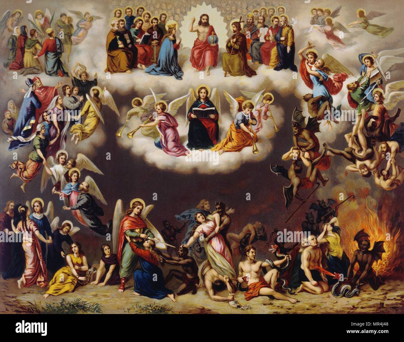 Chromolithograph depicting the Last Judgement 1900. It represents the Christian perception of the final and eternal judgment by God of the people in every nation[1] resulting in the glorification of some and the punishment of others. Stock Photo