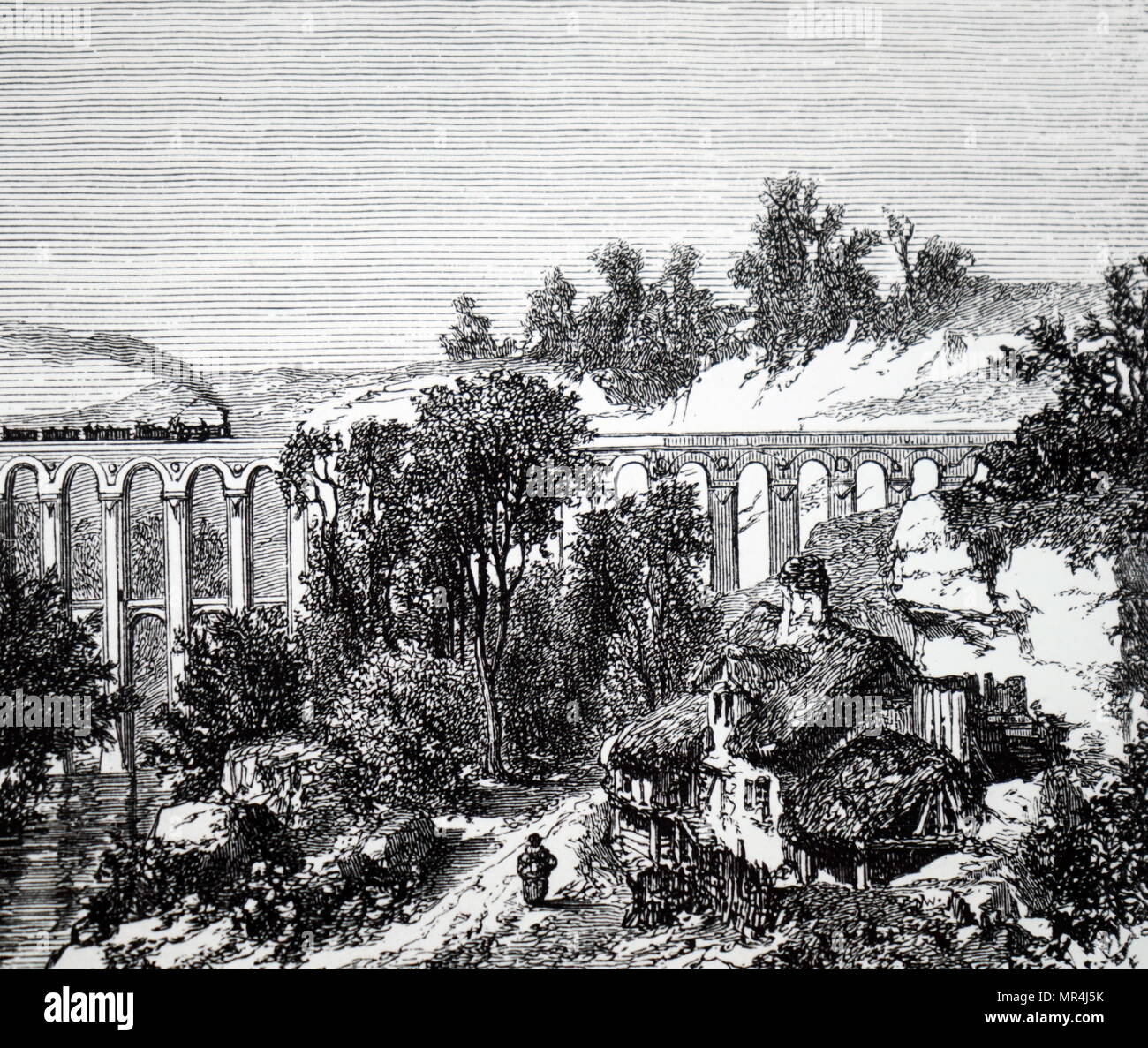 Illustration depicting a train crossing a viaduct near a remote farmstead. Dated 19th century Stock Photo