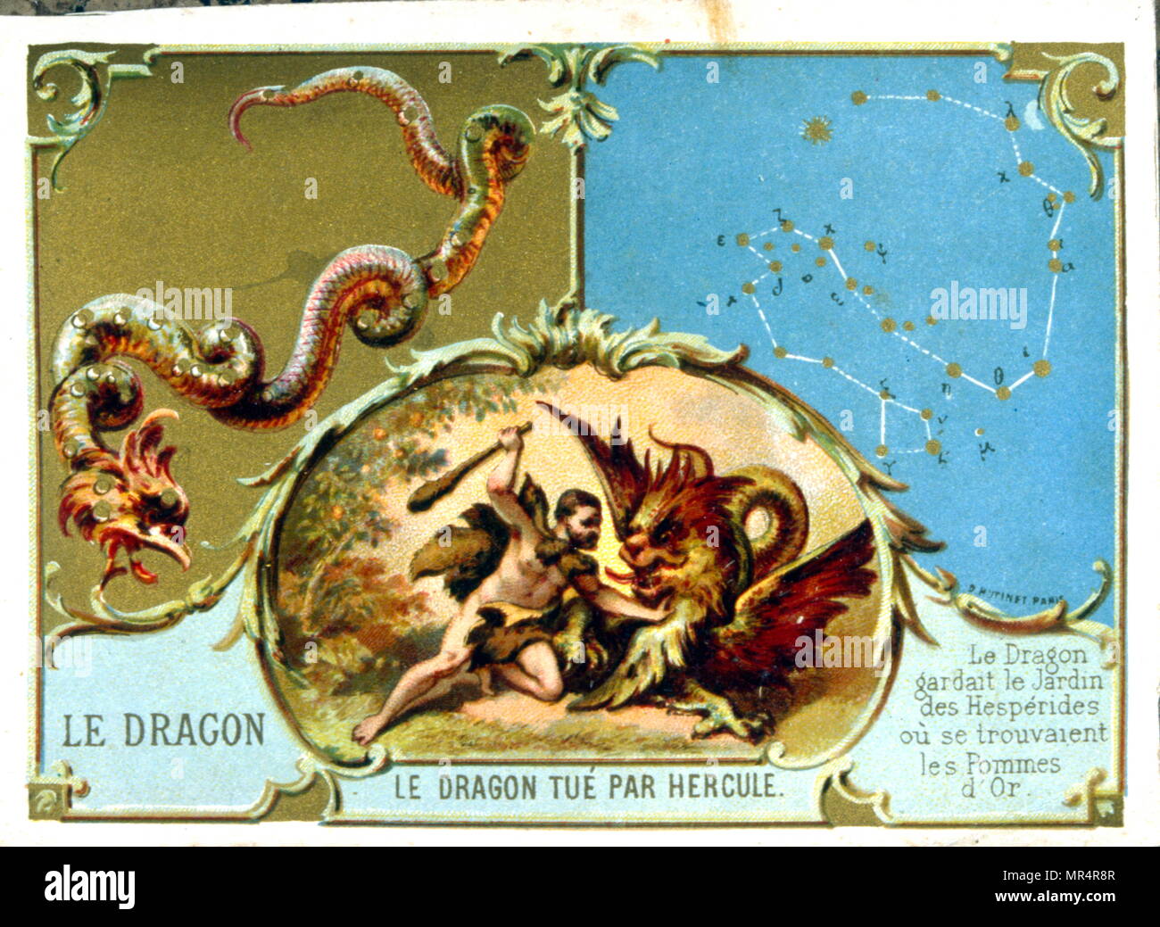 French chromolithograph showing the legend of Hercules slaying a dragon Stock Photo