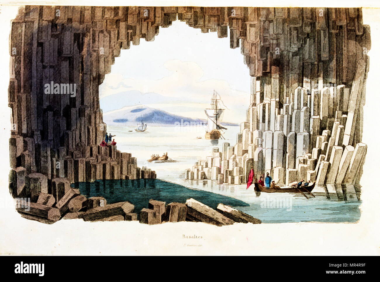 French, Coloured illustration, dated circa 1884, depicting The Giant's Causeway, interlocking basalt columns, in County Antrim, Northern Ireland Stock Photo
