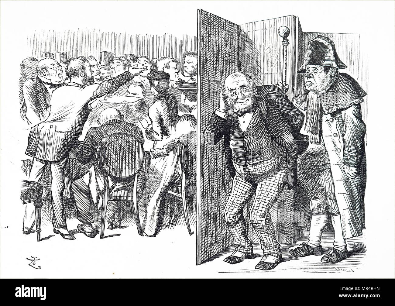 Political cartoon commenting on the London County Council constituted by the Local Government Act of 1888, who took on the responsibilities of the Metropolitan Board of Works. The first council was elected in 1889 and included Margaret Sandhurst and Jane Cobden. Margaret Sandhurst (1828-1893)  a noted suffragist who was one of the first women elected to a city council in the United Kingdom. Jane Cobden (1851-1947) a British Liberal politician who was active in many radical causes. Dated 19th century Stock Photo