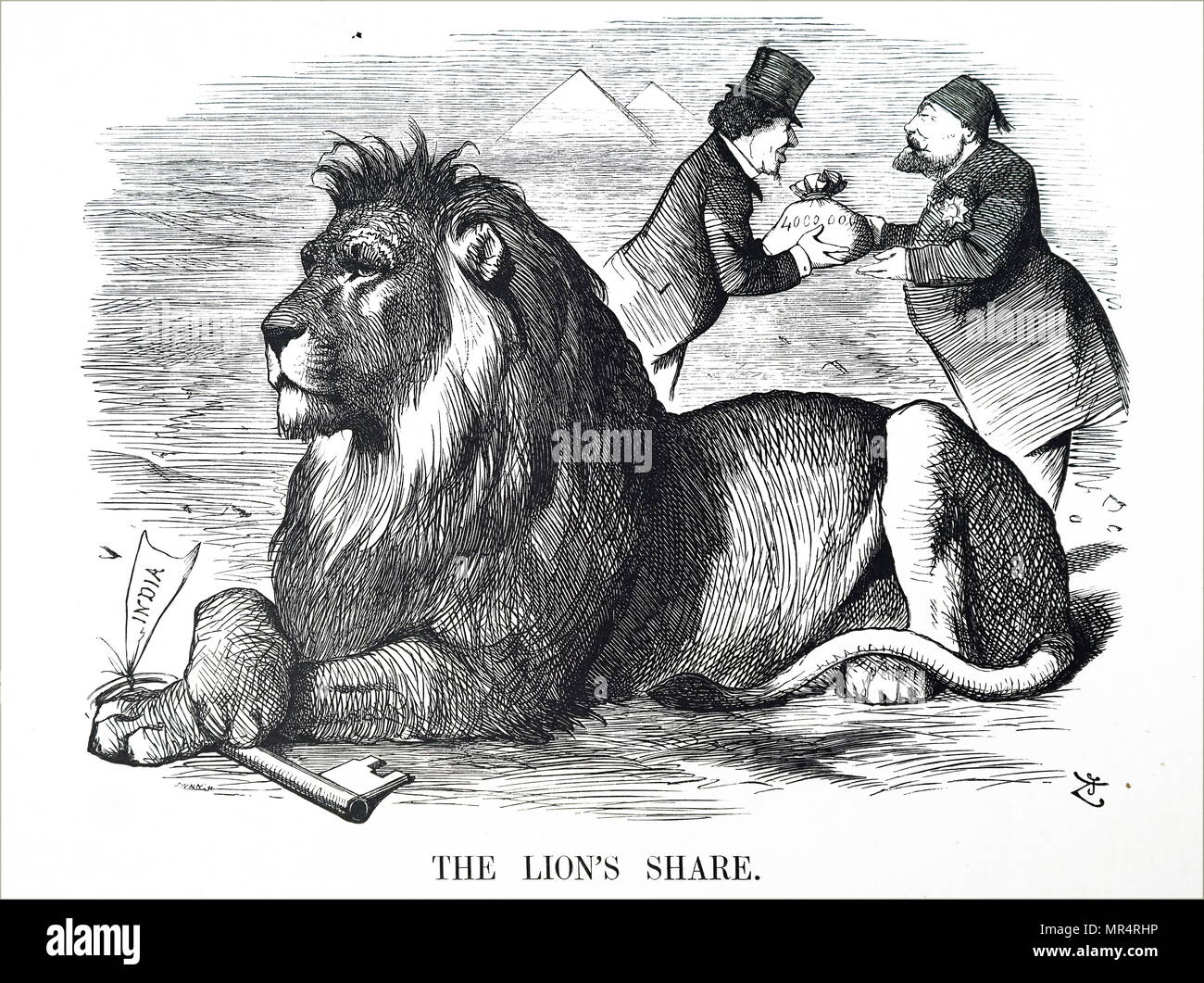 Political cartoon commenting on the British government authorising the Rothschilds to buy out the Khedive's share holding in the Suez Canal for £4, 080,000 in November 1875. Benjamin Disraeli is pictured handing over a bag of gold to the Khedive while the British Lion holds the key to India (Suez Canal) in it's paws.  Illustrated by John Tenniel (1820-1914) an English illustrator, graphic humourist, and political cartoonist. Dated 19th century Stock Photo