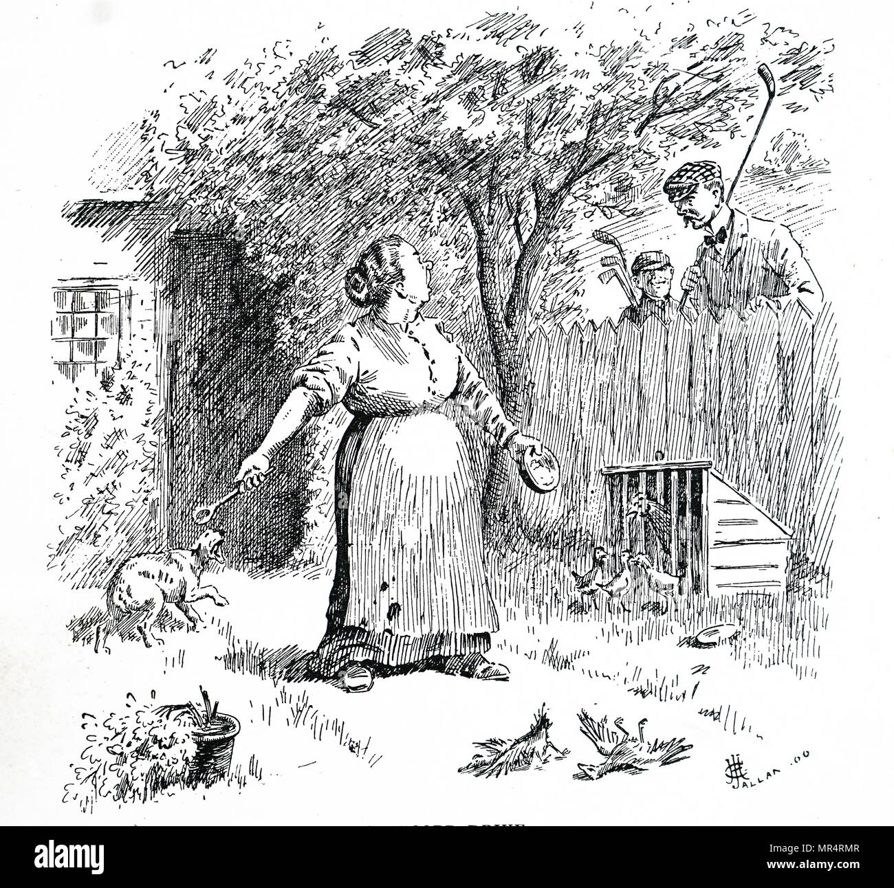 Cartoon depicting an angry woman shouting at golfers who have accidently killed some of her chickens with their golf ball. Dated 20th century Stock Photo