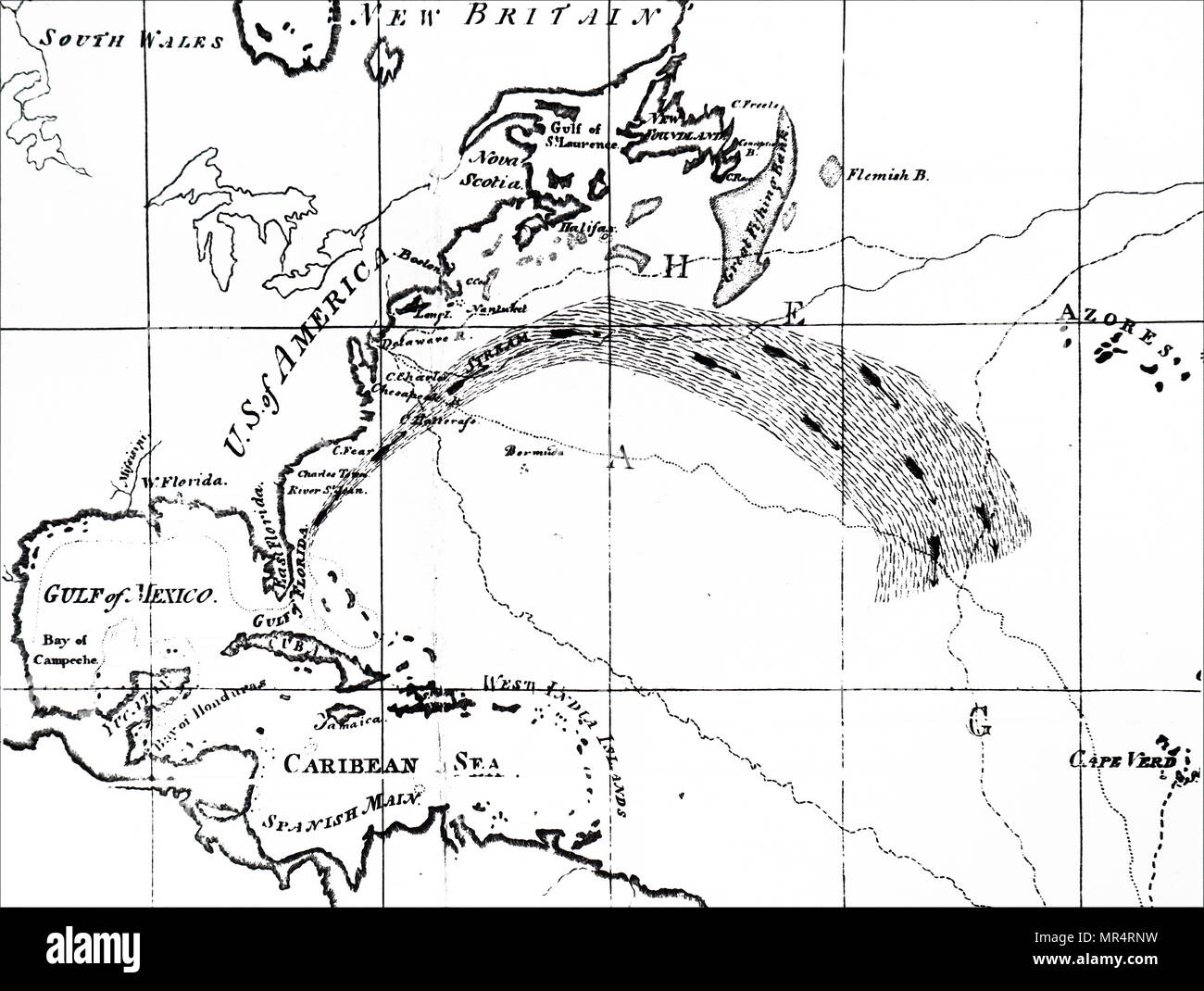 Map depicting a section of the Atlantic Ocean showing the Gulf Stream. The Gulf Stream, together with its northern extension the North Atlantic Drift, is a warm and swift Atlantic ocean current that originates in the Gulf of Mexico and stretches to the tip of Florida, and follows the eastern coastlines of the United States and Newfoundland before crossing the Atlantic Ocean. Dated 18th century Stock Photo
