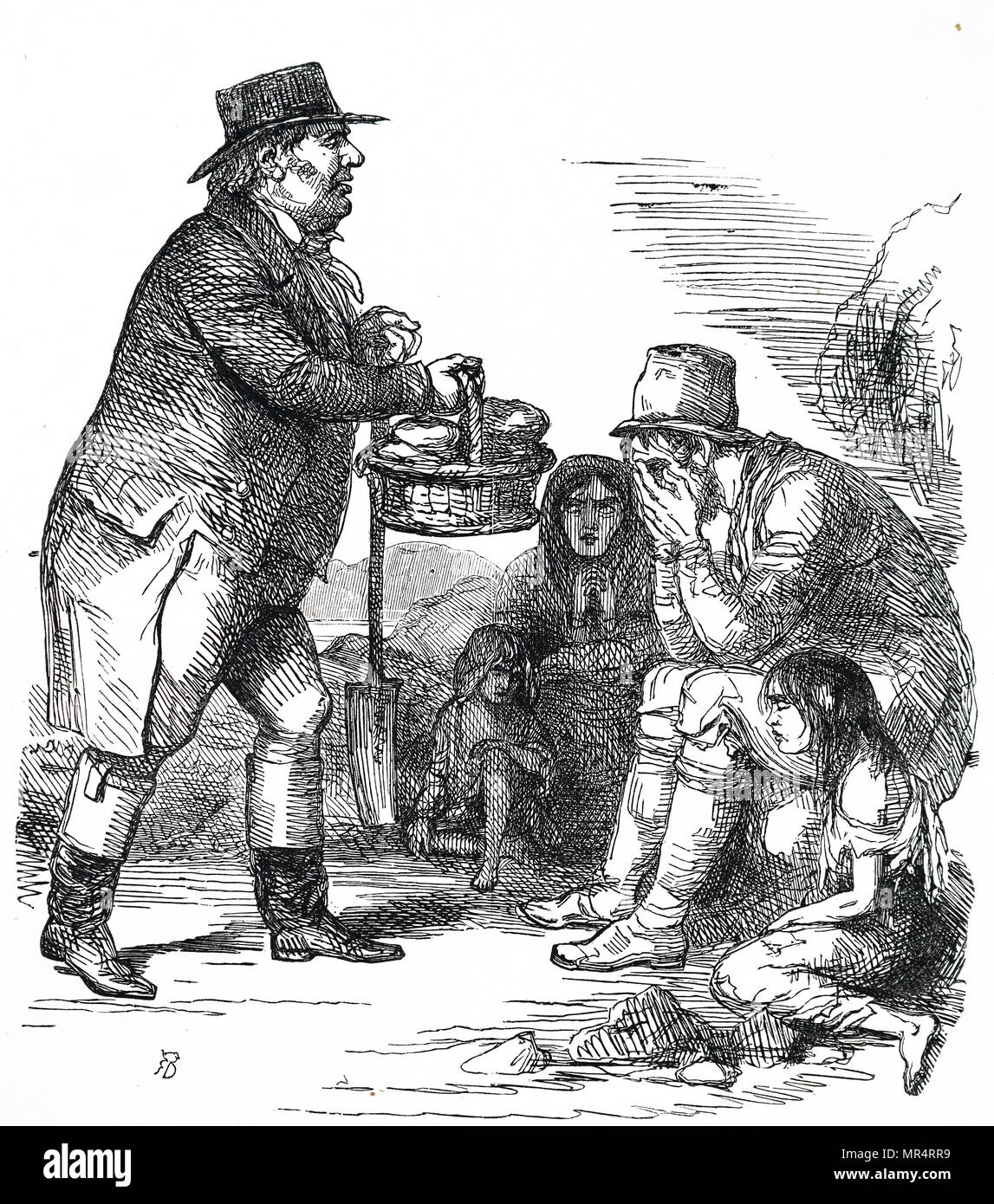 Cartoon commenting on the Irish Potato Famine. England, epitomised by John Bull, taking bread to the starving Irish peasants. The potatoes on which the Irish country people depended, had been destroyed by potato blight (Phytophora Infestans), a fungal infection spread by aphids. The infection remained in the soil which meant the staple diet could not be grown. Dated 19th century Stock Photo