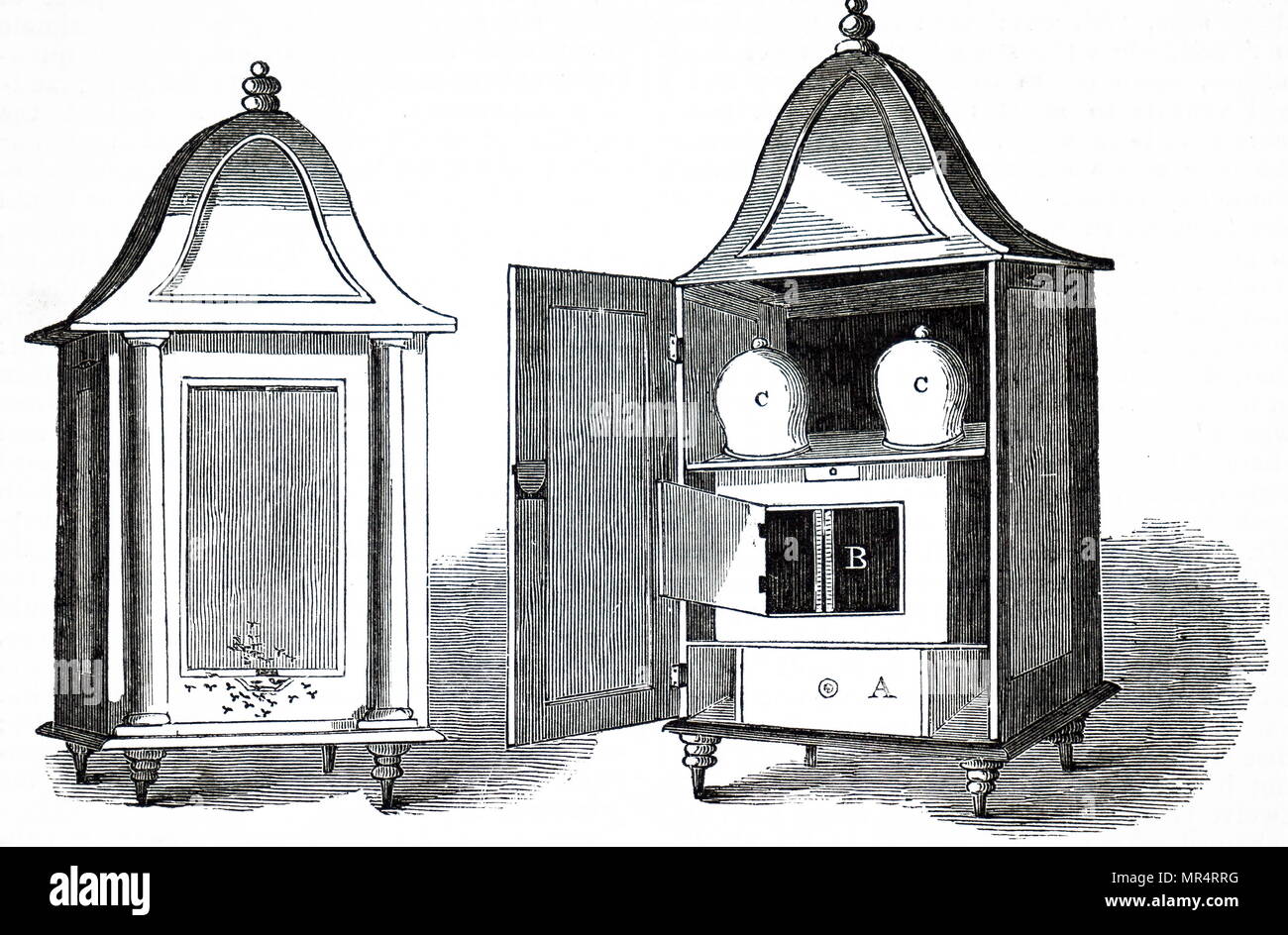 Engraving depicting W.J. Pettit's Temple Beehive both closed (left) and open (right). A) Feeding drawer, B) Parent Hive, C) Glass hives to be added when B) is nearly full of comb. Dated 19th century Stock Photo