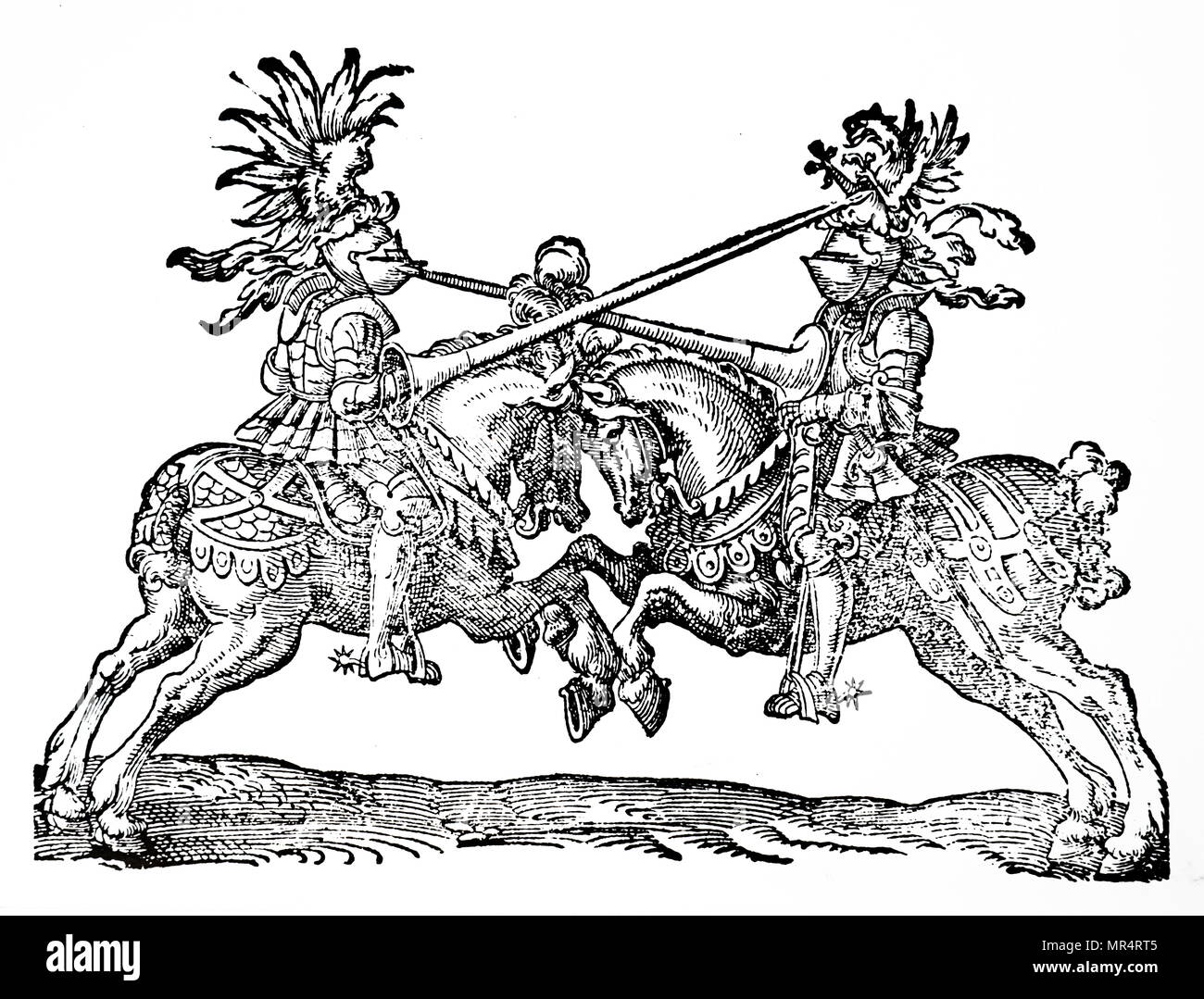 Woodcut print depicting knights jousting at a tournament. Print by Jost Amman (1539-1591) a Swiss-German artist, celebrated chiefly for his woodcuts, done mainly for book illustrations. Dated 16th century Stock Photo