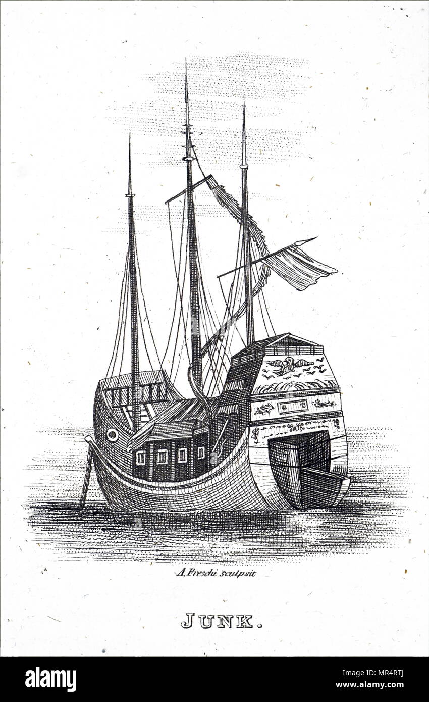 Engraving depicting a Chinese Junk ship, which were used as seagoing vessels as early as the 2nd century AD and developed rapidly during the Song Dynasty and are still in use today. Dated 19th century Stock Photo
